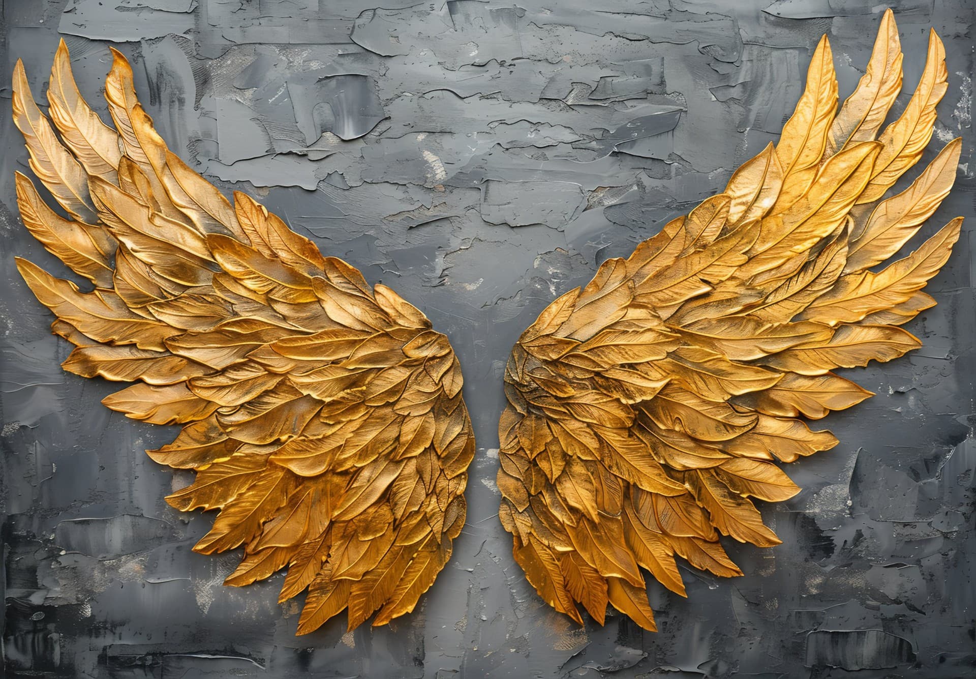 Quadro Asas Douradas – Arte Abstrata Luxuosa com Folhas em Ouro sobre Fundo Texturizado Cinza